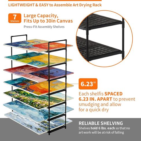رف تجفيف فني للفصل الدراسي، كبير وخفيف الوزن 7 طبقات مع رف قابل للإزالة، حامل تخزين قماشي فني لرف التجفيف، مقاسات 32.28 بوصة عمق × 10.63 بوصة عرض × 45.67 بوصة ارتفاع، أسود in Kuwait