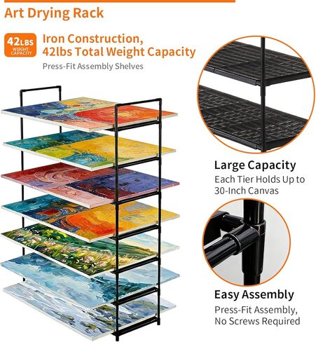 رف تجفيف فني للفصل الدراسي، كبير وخفيف الوزن 7 طبقات مع رف قابل للإزالة، حامل تخزين قماشي فني لرف التجفيف، مقاسات 32.28 بوصة عمق × 10.63 بوصة عرض × 45.67 بوصة ارتفاع، أسود in Kuwait