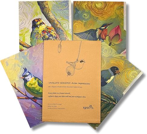 مواسم VIVALDI'S: مجلد مستندات فني من Avian Impressions مقاس A4 على شكل حرف L بثلاثة جيوب (4 عبوات) | تصميم لوحة زيتية لطيور مقاومة للماء | تغليف فني مخصص للمكاتب والهدايا in Saudi Arabia