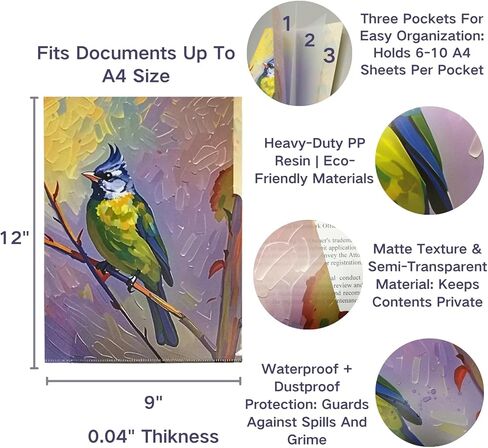 مواسم VIVALDI'S: مجلد مستندات فني من Avian Impressions مقاس A4 على شكل حرف L بثلاثة جيوب (4 عبوات) | تصميم لوحة زيتية لطيور مقاومة للماء | تغليف فني مخصص للمكاتب والهدايا in Saudi Arabia