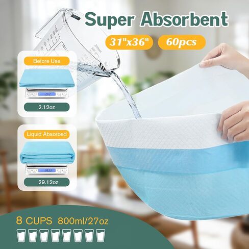 وسادات تبول كبيرة للكلاب، مقاس 31 بوصة × 36 بوصة، 60 قطعة، 6 طبقات مقاومة للتسرب مقاس XXL، كبيرة جدًا، فائقة الامتصاص وسريعة الجفاف وسميكة، وسادات تدريب على المرحاض للاستعمال مرة واحدة in Kuwait