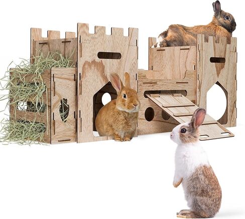 HIIMALEX Large Wooden Bunny Castle Rabbit House Indoor Small Animal in Kuwait