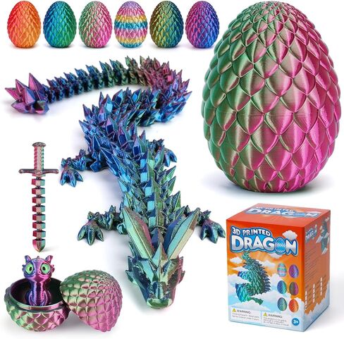 بيضة تنين مطبوعة ثلاثية الأبعاد مقاس 12 بوصة، بيضة تململ مفاجئة مع تنين كريستالي بطابعة مفصلية، لعبة أطفال تنانين حيوانات لطيفة غامضة، ألعاب حشو سلة بيض عيد الفصح المملوءة مسبقًا للأولاد والبنات in Kuwait