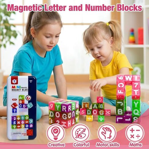 Magnetic Alphabet Blocks 40pcs - Educational STEM Learning Toys for Kids 3-8 | Portable Travel Letter Number Math Kit | Montessori Preschool Gifts Boys Girls in Saudi Arabia