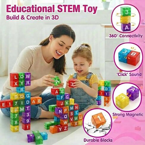 Magnetic Alphabet Blocks 40pcs - Educational STEM Learning Toys for Kids 3-8 | Portable Travel Letter Number Math Kit | Montessori Preschool Gifts Boys Girls in Saudi Arabia