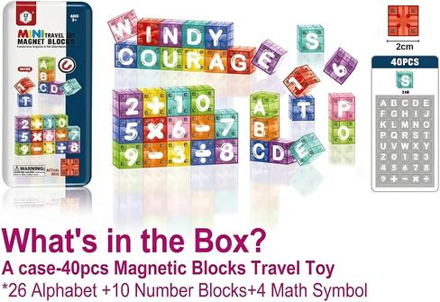Magnetic Alphabet Blocks 40pcs - Educational STEM Learning Toys for Kids 3-8 | Portable Travel Letter Number Math Kit | Montessori Preschool Gifts Boys Girls in Saudi Arabia