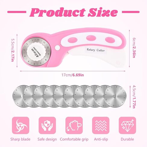 قاطعة دوارة 45 مم للنسيج مع 10 قطع شفرة بديلة، قاطعة قماش دوارة بحافة كروشيه، شفرة غرز لخياطة اللحف اليدوية (اللون: وردي) in Kuwait