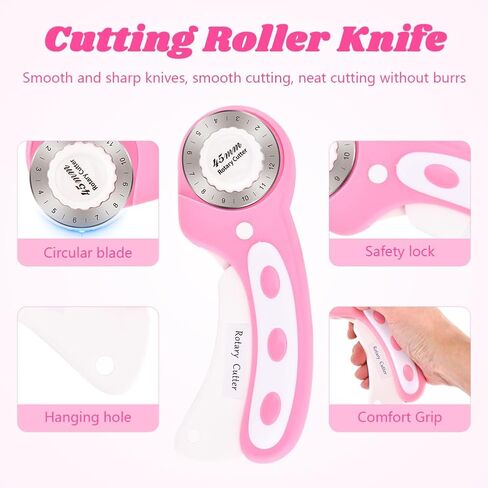 قاطعة دوارة 45 مم للنسيج مع 10 قطع شفرة بديلة، قاطعة قماش دوارة بحافة كروشيه، شفرة غرز لخياطة اللحف اليدوية (اللون: وردي) in Kuwait