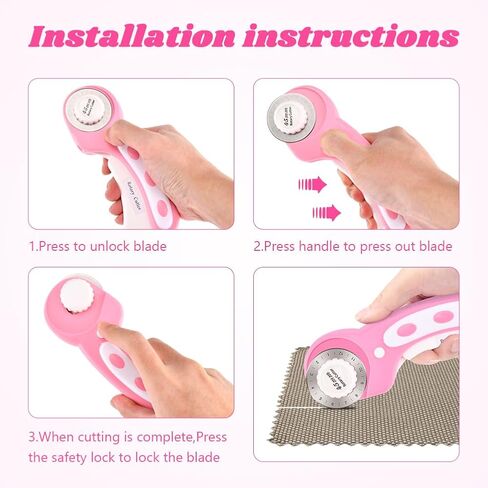 قاطعة دوارة 45 مم للنسيج مع 10 قطع شفرة بديلة، قاطعة قماش دوارة بحافة كروشيه، شفرة غرز لخياطة اللحف اليدوية (اللون: وردي) in Kuwait