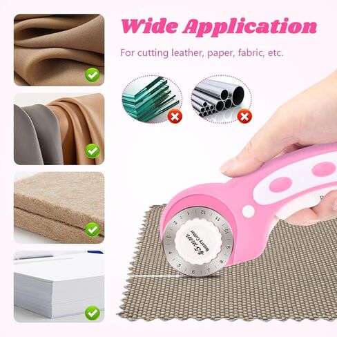 قاطعة دوارة 45 مم للنسيج مع 10 قطع شفرة بديلة، قاطعة قماش دوارة بحافة كروشيه، شفرة غرز لخياطة اللحف اليدوية (اللون: وردي) in Kuwait