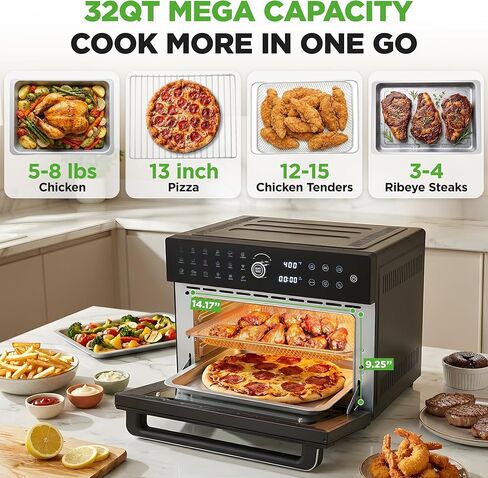 NutriChef 32 Quart Air Fryer & Oven | Digital Airfryer with 20 Presets, Dual Cook, Rotisserie, Bake & More | Multi-Function Convection Countertop Oven | Large Capacity | 18" x 17" x 14 | Black in Kuwait