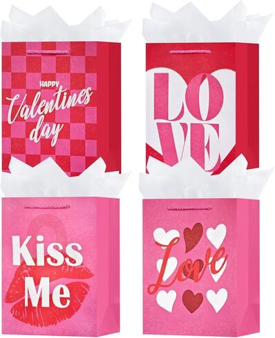OFIHANLY 4 Pack 9" Small Size Valentine's Day Gift Bags with Handles for Women Her Pink Love Paper Gift Wrap Bags with Tissue Paper for Kids in Saudi Arabia