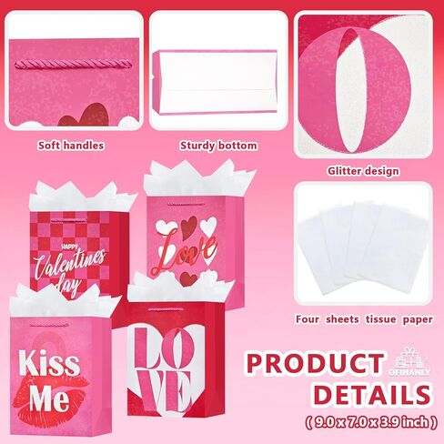 OFIHANLY 4 Pack 9" Small Size Valentine's Day Gift Bags with Handles for Women Her Pink Love Paper Gift Wrap Bags with Tissue Paper for Kids in Saudi Arabia