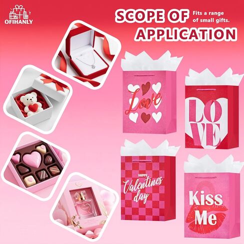 OFIHANLY 4 Pack 9" Small Size Valentine's Day Gift Bags with Handles for Women Her Pink Love Paper Gift Wrap Bags with Tissue Paper for Kids in Saudi Arabia