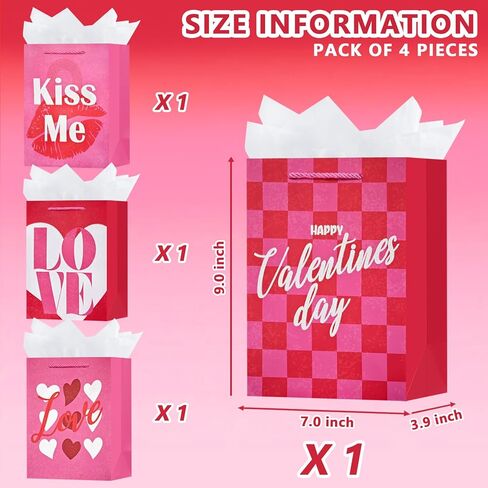 OFIHANLY 4 Pack 9" Small Size Valentine's Day Gift Bags with Handles for Women Her Pink Love Paper Gift Wrap Bags with Tissue Paper for Kids in Saudi Arabia