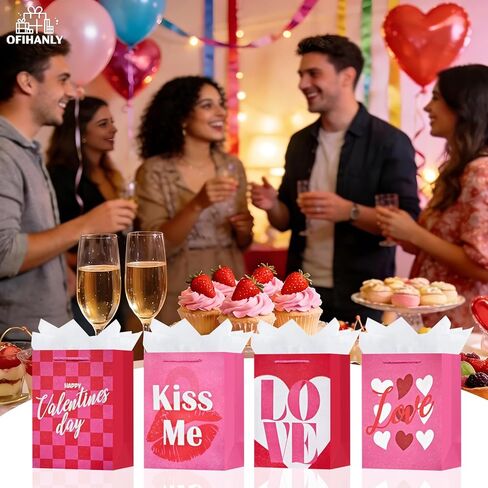 OFIHANLY 4 Pack 9" Small Size Valentine's Day Gift Bags with Handles for Women Her Pink Love Paper Gift Wrap Bags with Tissue Paper for Kids in Saudi Arabia