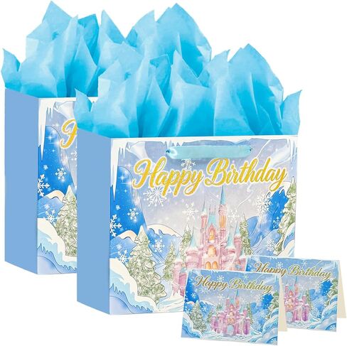 PrintGuru 13" Large Happy Birthday Gift Bag with Tissue Paper, Greeting Card and Ribbon Handles for Women Girls Kids Birthday, 13"W x 10.2" H x 4.9" D (Princess Castle, Pink and Purple, Pack 1) in Saudi Arabia