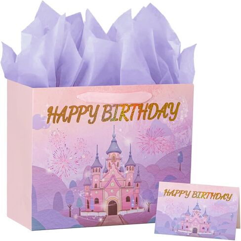 PrintGuru 13" Large Happy Birthday Gift Bag with Tissue Paper, Greeting Card and Ribbon Handles for Women Girls Kids Birthday, 13"W x 10.2" H x 4.9" D (Princess Castle, Pink and Purple, Pack 1) in Kuwait