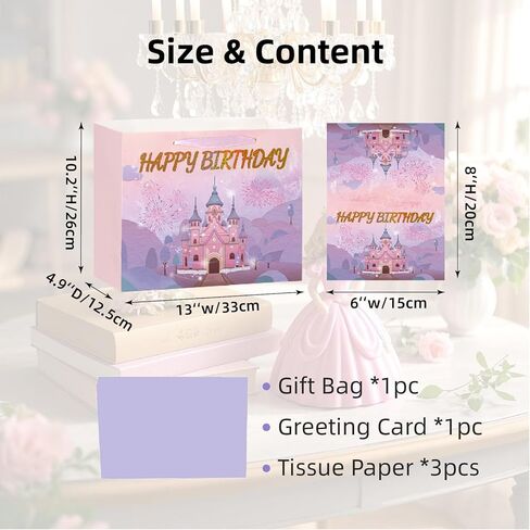 PrintGuru 13" Large Happy Birthday Gift Bag with Tissue Paper, Greeting Card and Ribbon Handles for Women Girls Kids Birthday, 13"W x 10.2" H x 4.9" D (Princess Castle, Pink and Purple, Pack 1) in Kuwait