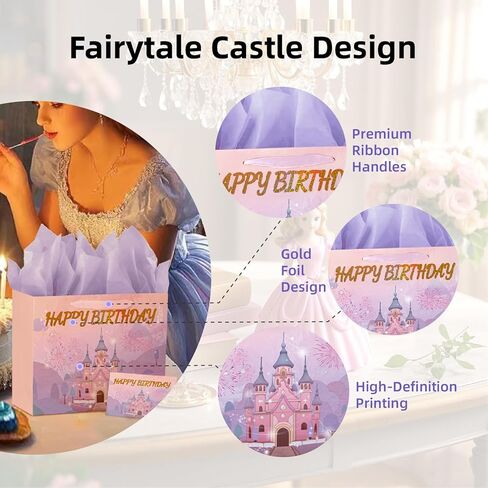 PrintGuru 13" Large Happy Birthday Gift Bag with Tissue Paper, Greeting Card and Ribbon Handles for Women Girls Kids Birthday, 13"W x 10.2" H x 4.9" D (Princess Castle, Pink and Purple, Pack 1) in Kuwait