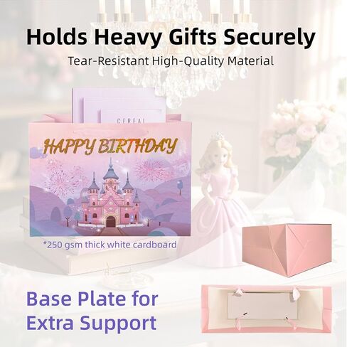 PrintGuru 13" Large Happy Birthday Gift Bag with Tissue Paper, Greeting Card and Ribbon Handles for Women Girls Kids Birthday, 13"W x 10.2" H x 4.9" D (Princess Castle, Pink and Purple, Pack 1) in Kuwait