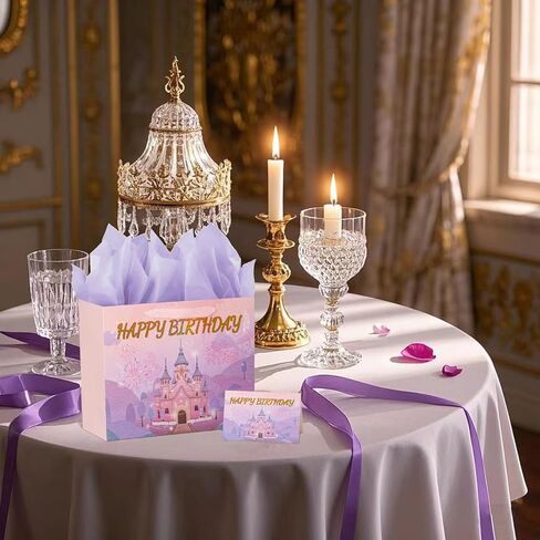 PrintGuru 13" Large Happy Birthday Gift Bag with Tissue Paper, Greeting Card and Ribbon Handles for Women Girls Kids Birthday, 13"W x 10.2" H x 4.9" D (Princess Castle, Pink and Purple, Pack 1) in Kuwait