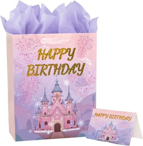 PrintGuru 13" Large Happy Birthday Gift Bag with Tissue Paper, Greeting Card and Ribbon Handles for Women Girls Kids Birthday, 13"W x 10.2" H x 4.9" D (Princess Castle, Pink and Purple, Pack 1) in Kuwait