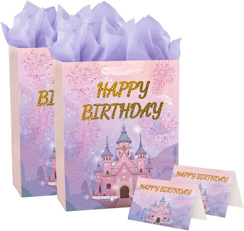 PrintGuru 13" Large Happy Birthday Gift Bag with Tissue Paper, Greeting Card and Ribbon Handles for Women Girls Kids Birthday, 13"W x 10.2" H x 4.9" D (Princess Castle, Pink and Purple, Pack 1) in Kuwait
