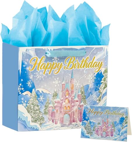 PrintGuru 13" Large Happy Birthday Gift Bag with Tissue Paper, Greeting Card and Ribbon Handles for Women Girls Kids Birthday, 13"W x 10.2" H x 4.9" D (Princess Castle, Pink and Purple, Pack 1) in Kuwait
