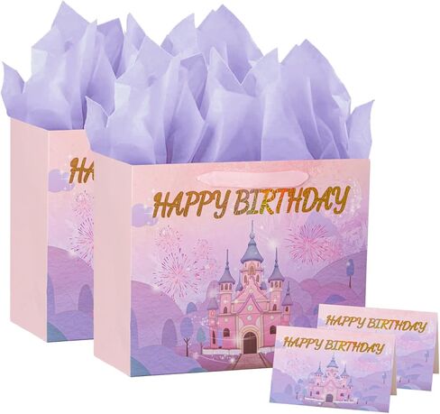 PrintGuru 13" Large Happy Birthday Gift Bag with Tissue Paper, Greeting Card and Ribbon Handles for Women Girls Kids Birthday, 13"W x 10.2" H x 4.9" D (Princess Castle, Pink and Purple, Pack 1) in Kuwait