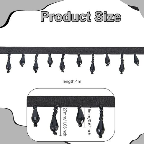 arricraft 4M (4.37 Yards) Black Beaded Fringe Trim, Crystal Beaded Fringe Decorative Beaded Tassel Trim for Wedding Bridal DIY Sewing Craft Clothing Home Curtain Decoration in Saudi Arabia