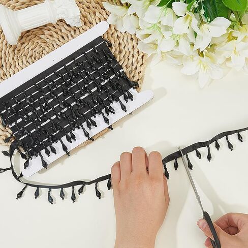 arricraft 4M (4.37 Yards) Black Beaded Fringe Trim, Crystal Beaded Fringe Decorative Beaded Tassel Trim for Wedding Bridal DIY Sewing Craft Clothing Home Curtain Decoration in Saudi Arabia