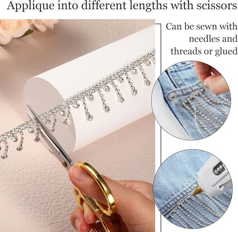 Rhinestone Ribbon Chain Rhinestone Fringe Trim Diamond Crystal Fringe Trim Chain Cuttable for Sewing Crafts Wedding Party Clothing Accessories Jewelry Personalized DIY Decoration (Silver, 2 Yards) in Saudi Arabia