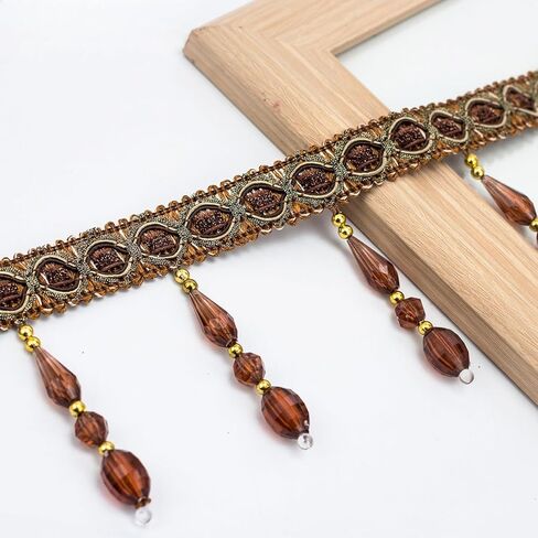 4 Yards Beaded Fringe Trim, Hanging Crystal Beads Tassel Fringe Trim Curtain Weights Cloth Sofa Fringes for Curtain Cushions Lampshades Clothes (Dark Coffee) in Saudi Arabia