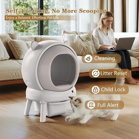 Self Cleaning Litter Box, Automatic Cat Litter Box for Multiple Cats, Auto Litter Box Robot with APP Control, Dual Safety Sensors, Odor Control&Low Noise, Cat Ears Design, Ivory White in Saudi Arabia