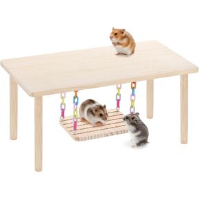 Natural Pine Wood Hamster Playgroundwith Hanging Chain Swing -Small AnimaActivity Center, Safe Chew Toy CageFurniture for Dwarf Hamsters, Mice,Gerbils, Rats, Small Pets Interactive PlayTable in Kuwait