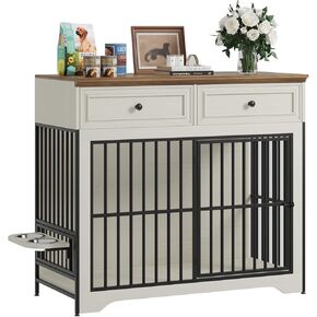 QUW 42" Modern Dog Crate Furniture, Wooden Dog Kennel for Medium to Large with 360° Rotating & 3-Levels Adjustable Height Dogs Bowl Holder, Decorative Dogs cage Pet House Indoor, Antique White in Saudi Arabia
