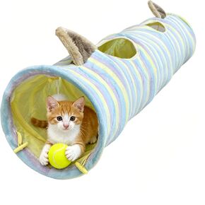 Cat Tunnel for Indoor Cats, Cute Cat Toy Tunnel for Small Large Cats, 45" Straight Cat Tunnel Toys with Balls & Crinkle Paper Ears Collapsible Peekaboo Cave for Kitten, Diameter 9.8" (Colorful Stripe) in Kuwait