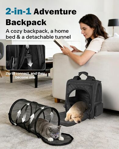 Cat Backpack Carrier with Detachable Round Play Tunnel, 2 in 1 Expandable Cat Backpack with Breathable Mesh,Cat Carrying Backpack for Cat 17lbs & Small Dog 13lbs,Black. in Saudi Arabia