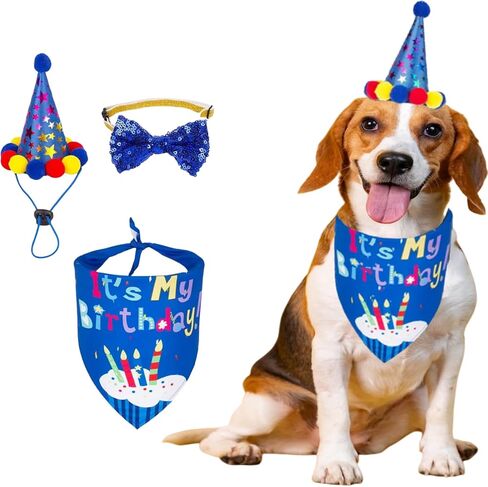 Pet Birthday Party Set with Hat and Bandana for Dogs and Cats with Star Pattern Design, Adjustable Sequin Bow tie Accessories, Blue Birthday Boy Scarf (Blue) in Saudi Arabia