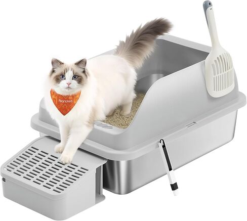 صندوق فضلات القطط من الفولاذ المقاوم للصدأ من Feandrea مع فتحة علوية مفتوحة، وصينية فضلات عالية الجوانب مع خطوة ومغرفة وفرشاة، للقطط التي يصل وزنها إلى 33 رطلاً، رمادي حمامة UPPT008GD01 in Kuwait