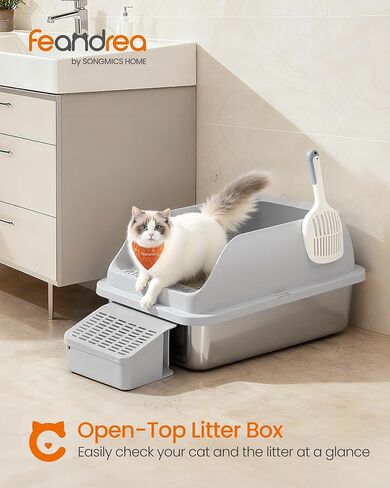 Feandrea Stainless Steel Cat Litter Box with Open Top, High Sided Litter Tray with Step, Scoop, Brush, for Cats up to 33 lb, Dove Gray UPPT008GD01 in Saudi Arabia