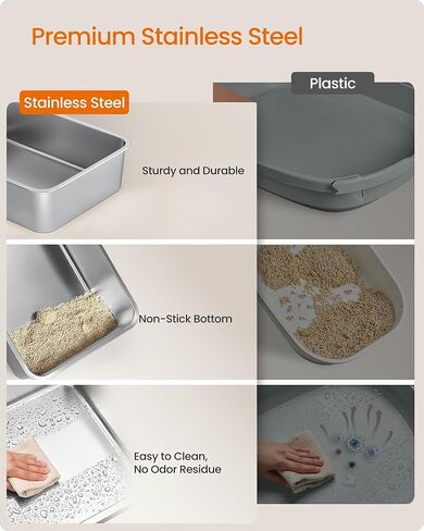 Feandrea Stainless Steel Cat Litter Box with Open Top, High Sided Litter Tray with Step, Scoop, Brush, for Cats up to 33 lb, Dove Gray UPPT008GD01 in Saudi Arabia