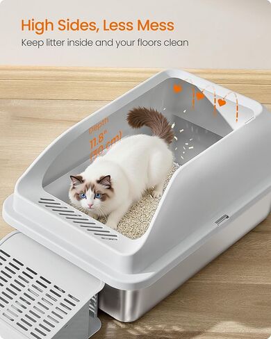 Feandrea Stainless Steel Cat Litter Box with Open Top, High Sided Litter Tray with Step, Scoop, Brush, for Cats up to 33 lb, Dove Gray UPPT008GD01 in Saudi Arabia