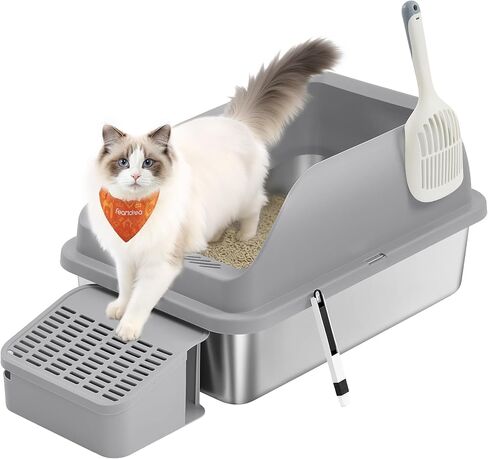 Feandrea Stainless Steel Cat Litter Box with Open Top, High Sided Litter Tray with Step, Scoop, Brush, for Cats up to 33 lb, Dove Gray UPPT008GD01 in Saudi Arabia