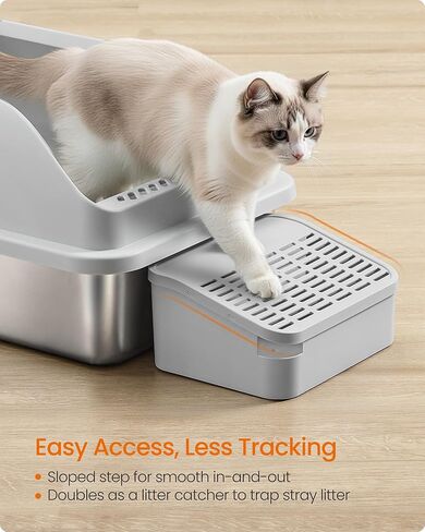 Feandrea Stainless Steel Cat Litter Box with Open Top, High Sided Litter Tray with Step, Scoop, Brush, for Cats up to 33 lb, Dove Gray UPPT008GD01 in Saudi Arabia