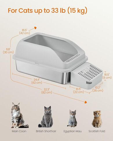 Feandrea Stainless Steel Cat Litter Box with Open Top, High Sided Litter Tray with Step, Scoop, Brush, for Cats up to 33 lb, Dove Gray UPPT008GD01 in Saudi Arabia