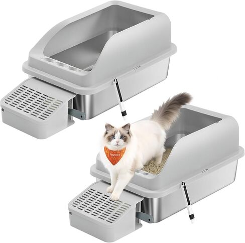Feandrea Stainless Steel Cat Litter Box with Open Top, High Sided Litter Tray with Step, Scoop, Brush, for Cats up to 33 lb, Dove Gray UPPT008GD01 in Saudi Arabia