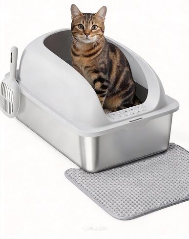Simple Deluxe XL Stainless Steel Cat Litter Box with Lid, High Sided Metal Litter Pan for Large Cats, Urine-Proof Non-Stick & Easy to Clean, Light Gray in Saudi Arabia