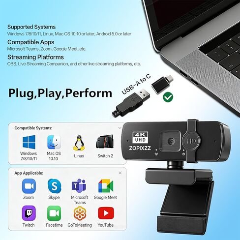 4K Webcam for PC Ultra HD Web Camera with Microphone, PDAF Autofocus,Privacy Cover,USB A & USB C Adapter, Plug & Play,Ideal for Business Meetings&Live Streaming in Saudi Arabia